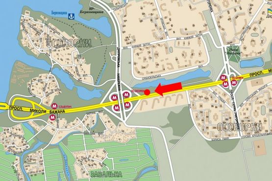 Схема рекламної площини за адресою Бажана пр., перед ст. м. "Осокорки", 300м до выезда на Днепровскую Набережную, в центр, левый