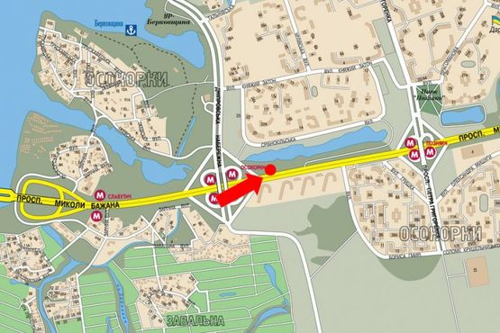 Схема рекламной плоскости по адресу Бажана пр., ст. м. "Осокорки", 300м от выезда на Днепровскую Набережную, из центра, левый