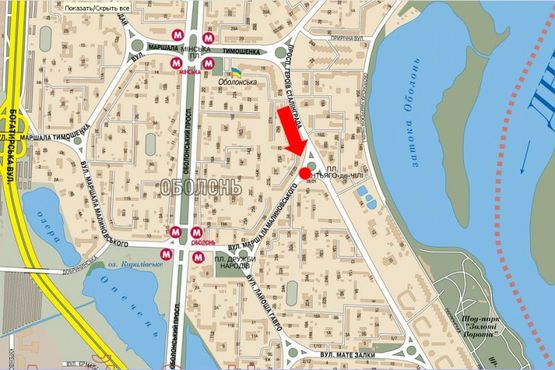 Схема рекламної площини за адресою Героев Сталинграда пр. / Малиновского. ул. , разделитель, пл. Сантяго де Чили, в сторону ст. м. "Оболонь"