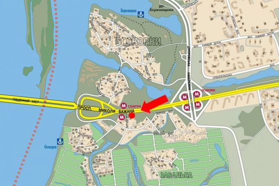 Схема рекламной плоскости по адресу Бажана пр., ст. м. "Славутич", в сторону моста Южного