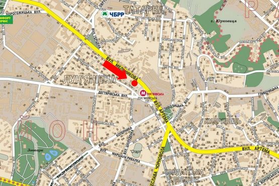 Схема рекламної площини за адресою Мельникова ул., 5, 100 м. до Лукьяновской пл., рынка, "МакДональдса", в центр