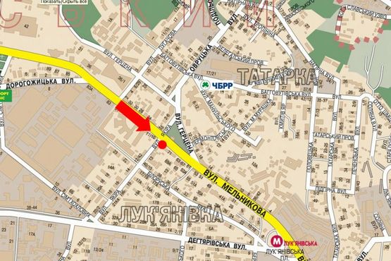 Схема рекламної площини за адресою Мельникова ул. / Древлянская ул. (бывш. Якира ул.), на светофоре, в центр