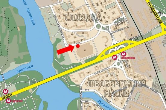 Схема рекламної площини за адресою Никольско-Слободская ул., 4-В, возле Международного выставочного центра, в сторону от Шептицкого ул. (бывш. Луначарского ул.)