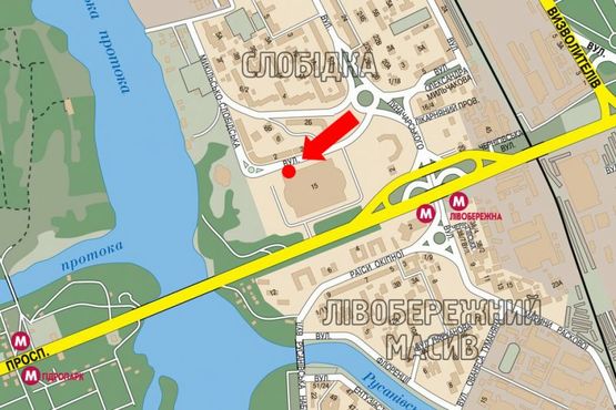 Схема рекламної площини за адресою Никольско-Слободская ул., 4-В, возле Международного выставочного центра, в сторону от Шептицкого ул. (бывш. Луначарского ул.)