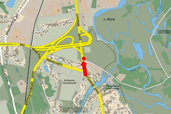 Схема рекламной плоскости по адресу Столичное шоссе, перед мостом по Заболотного ул., рядом ТРЦ "Домосфера", в центр, левый