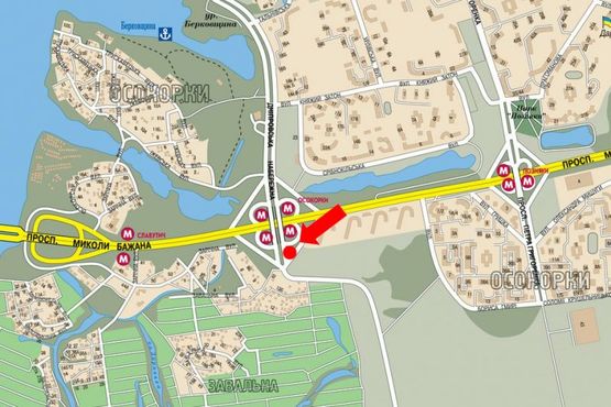 Схема рекламной плоскости по адресу Днепровская Набережная / Бажана пр., мост, разделитель, в сторону Днепровская Набережная