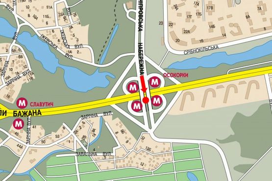 Схема рекламної площини за адресою Днепровская Набережная / Бажана пр., мост, разделитель, ст. м. "Осокорки", в сторону Коллекторная ул.