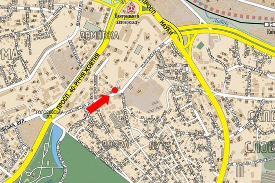 Схема рекламной плоскости по адресу Голосеевская ул., 14-16, между домами, в сторону Саперно-Слободская ул., Науки пр.