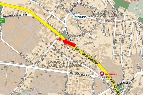 Схема рекламной плоскости по адресу Мельникова ул., 75 / Древлянская ул. (бывш. Якира ул.), в сторону КИМО, ст. м. "Дорогожичи"