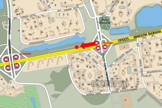 Схема рекламної площини за адресою Бажана пр. / Гмыри ул., 1-А, ст. м. "Позняки", в центр, левый