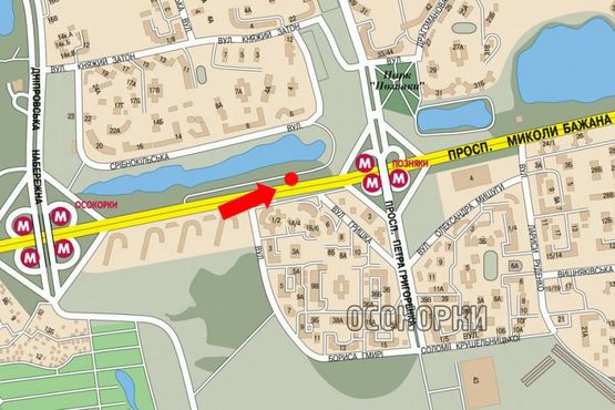 Схема рекламной плоскости по адресу Бажана пр. / Гмыри ул., 1-А, ст. м. "Позняки", из центра, правый