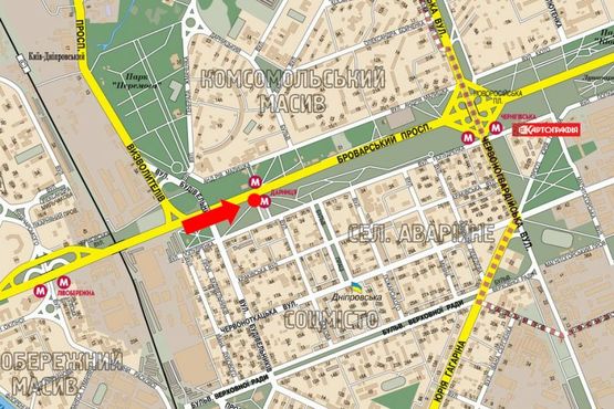 Схема рекламной плоскости по адресу Броварской пр., напротив ст. м. "Дарница", из центра