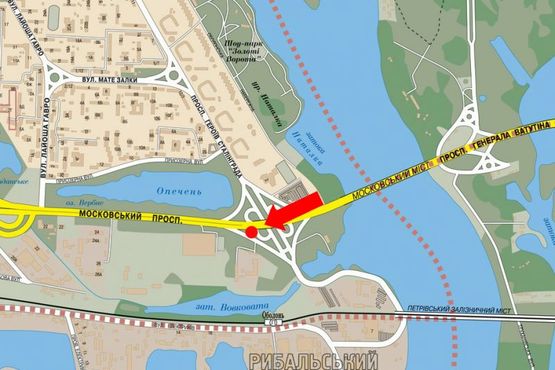 Схема рекламної площини за адресою Бандеры пр. (бывш. Московский пр.) / Набережно-Рыбальская ул., на Московском мосту, возле АЗС "Золотой Гепард", в сторону Петровки