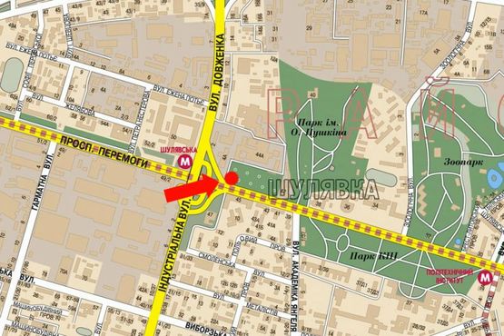 Схема рекламной плоскости по адресу Победы пр., 44, возле киностудии им. Довженко, напротив супермаркетов "Эльдорадо", "Сильпо", в сторону ст. м. "Политехнический институт"