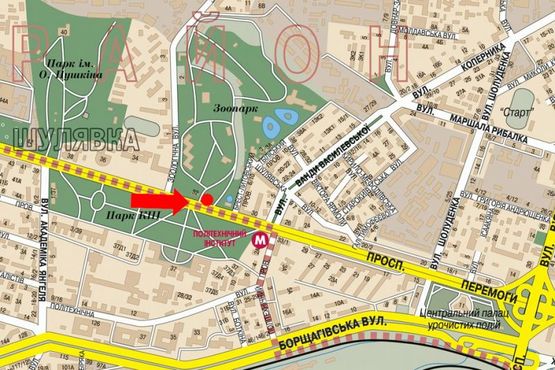 Схема рекламной плоскости по адресу Победы пр., 32, перед входом в Зоопарк, в сторону Победы пл.