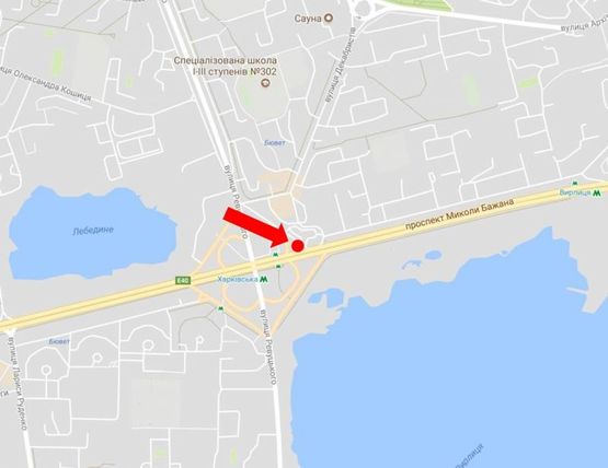 Схема рекламной плоскости по адресу Ревуцкого ул. / пр. Бажана, возле ст. м. "Харьковская", "McDonald's", съезд в сторону Бажана пр.