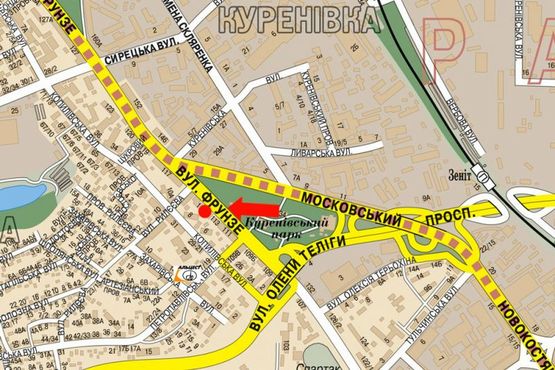 Схема рекламної площини за адресою Кирилловская ул. (бывш. Фрунзе ул.), 115/2, возле супермаркета "АТБ", из центра