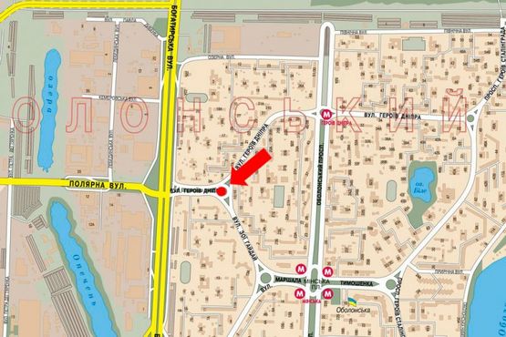 Схема рекламної площини за адресою Героев Днепра ул. / Гайдай ул., на клумбе, в сторону Богатырская ул., Полярная ул.