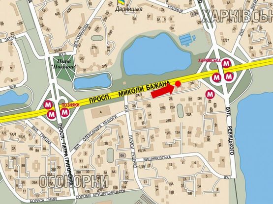 Схема рекламной плоскости по адресу Бажана пр., 30, ст. м. "Позняки", в сторону Харьковская пл.