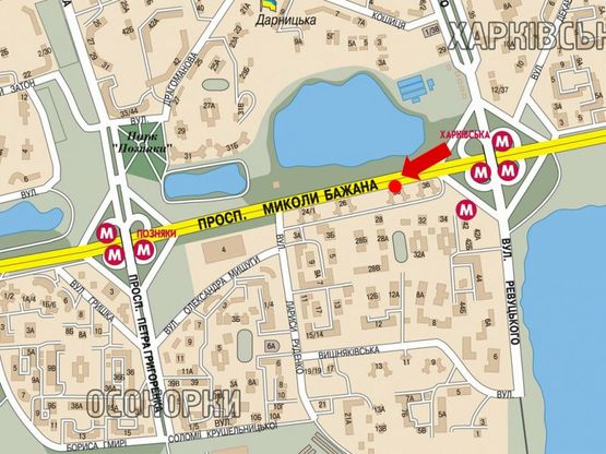 Схема рекламної площини за адресою Бажана пр., 30, ст. м. "Позняки", в сторону мост Южный