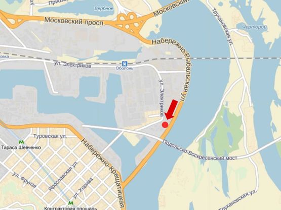 Схема рекламной плоскости по адресу Набережно-Рыбальская ул., возле теннисных кортов, в сторону в сторону Набережно-Крещатицкой