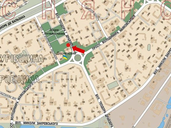 Схема рекламної площини за адресою Драйзера ул. / Маяковского пр., кинотеатр "Флоренция", в сторону Бальзака ул.