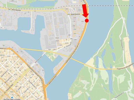 Схема рекламной плоскости по адресу Набережно-Рыбальская ул., 600м до мост Подольско-Воскресенский, напротив клуба "5-й элемент", в сторону Набережно-Крещатикская ул.