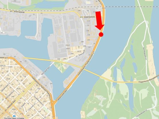 Схема рекламной плоскости по адресу Набережно-Рыбальская ул., 420м до мост Подольско-Воскресенский, в сторону Набережно-Крещатикская ул.