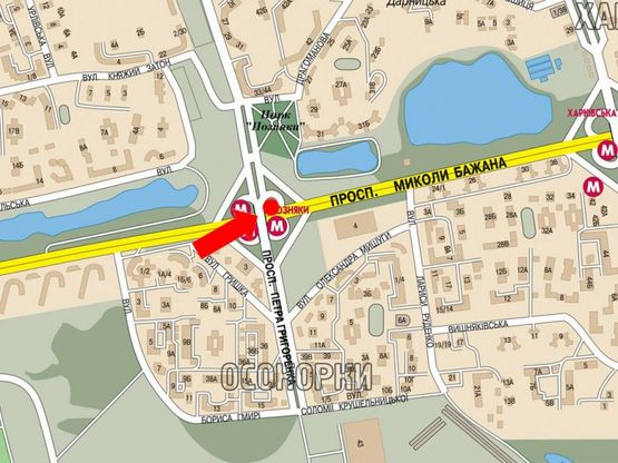 Схема рекламної площини за адресою Бажана пр., ст. м. "Позняки", за мостом, в сторону Харьковская пл.