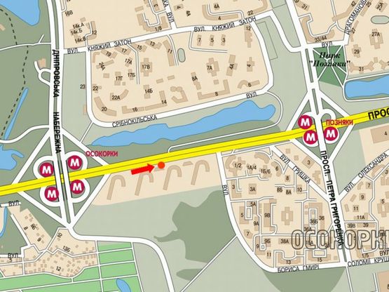 Схема рекламної площини за адресою Бажана пр., 14А, возле клиники "Борис", между ст. м. "Осокорки" и ст. м. "Позняки", в сторону Харьковская пл.