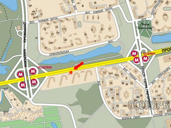 Схема рекламної площини за адресою Бажана пр., 14А, возле клиники "Борис", между ст. м. "Осокорки" и ст. м. "Позняки", в сторону мост Южный
