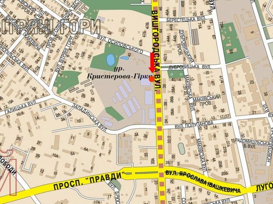 Схема рекламної площини за адресою Вышгородская ул., 45, возле ЖК "Паркове місто", в сторону центра