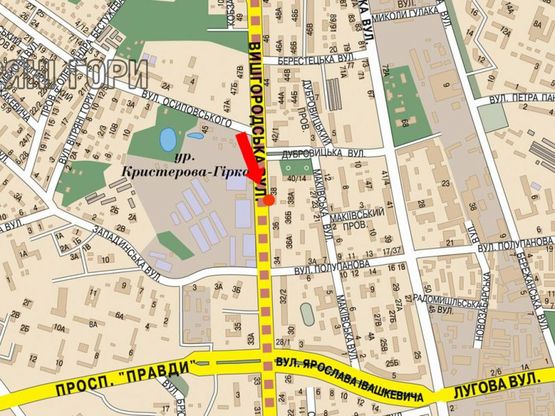 Схема рекламной плоскости по адресу Вышгородская ул., 38, напротив ЖК "Паркове місто", в сторону центра