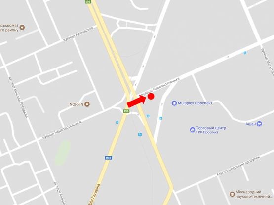 Схема рекламної площини за адресою Красноткацкая ул. / Хоткевича ул. (бывш. Красногвардейская ул.), возле ТРЦ "Проспект", супермаркеты "Ашан", "Фокстрот"