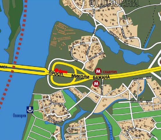 Схема рекламной плоскости по адресу Бажана пр., возле мост Южный , в сторону Надднепрянское шоссе, правая