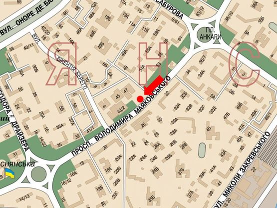 Схема рекламної площини за адресою Маяковского пр., 26, возле универсама "Фестивальный", в сторону Драйзера ул.