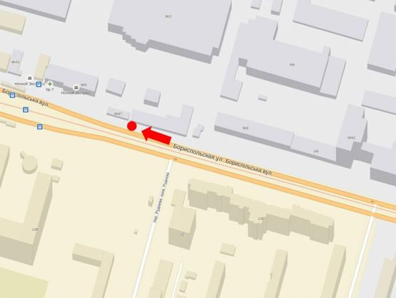 Схема рекламной плоскости по адресу Бориспольская ул., 9 / Шевелева ул. (бывш. Руднева ул.), в сторону Привокзальная ул.