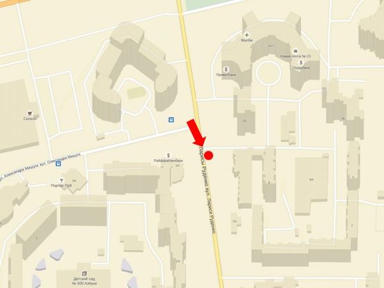 Схема рекламної площини за адресою Руденко ул., 9 / Мишуги ул., в сторону супермаркетов "METRO", "Эпицентр"