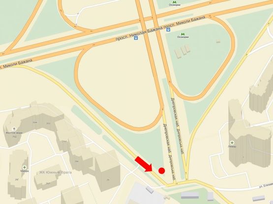 Схема рекламної площини за адресою Днепровская Набережная / Бажана пр., мост, разделитель, ст. м. "Осокорки", в сторону Коллекторная ул.