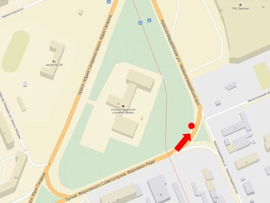 Схема рекламної площини за адресою Верховного Совета бул. / Хоткевича ул. (бывш. Красногвардейская ул.), в сторону ТЦ "Проспект", супермаркетов "Фокстрот", "Ашан", ст. м. "Черниговской"