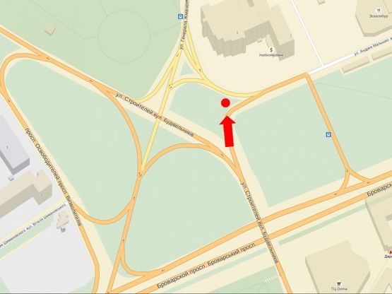 Схема рекламної площини за адресою Строителей ул. / Малышка ул. / Освободителей ул., разделитель, в сторону ТРЦ "Детский мир", Жмаченка ул.