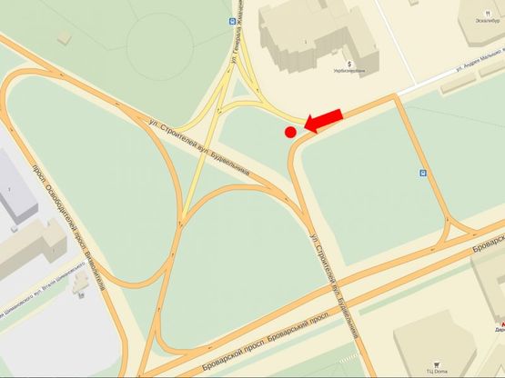 Схема рекламної площини за адресою Строителей ул. / Малышка ул. / Освободителей ул., разделитель, со стороны ТРЦ "Детский мир"