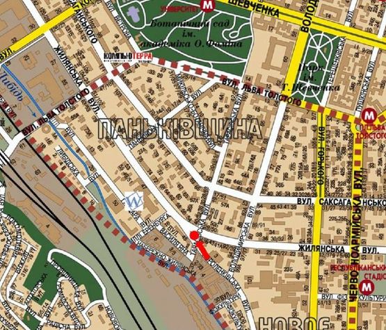 Схема рекламной плоскости по адресу Короленковская ул. / Жилянская ул., разделитель, в сторону Саксаганского ул.