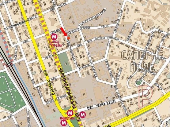 Схема рекламної площини за адресою Предславинская ул. / Новопечерский пер., возле Дворец Украина, в сторону Тверская ул.