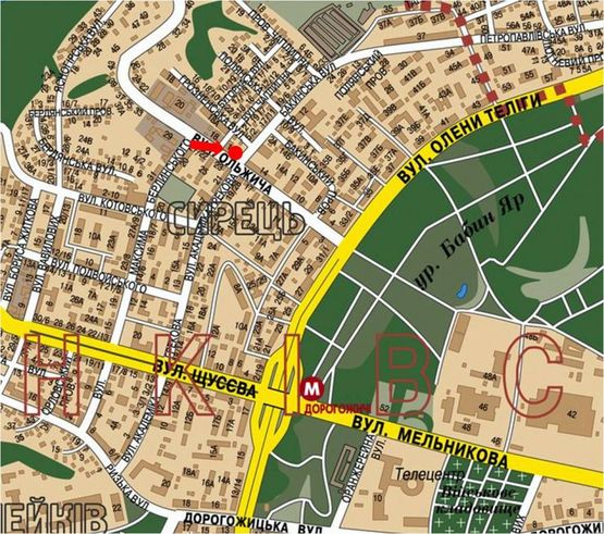 Схема рекламной плоскости по адресу Ольжича ул., 16 / Бакинская ул., супермаркет "Экомаркет", в сторону Телиги ул.