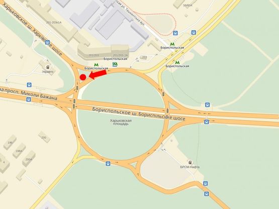 Схема рекламної площини за адресою Харьковское шоссе, 201-203, угол дома, разделитель, в сторону ст. м. "Харьковская"
