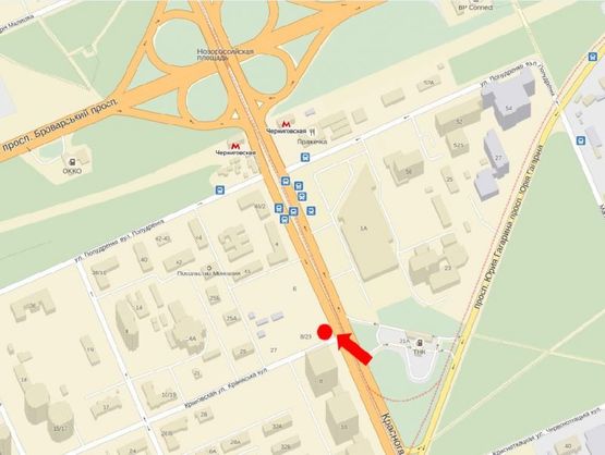 Схема рекламної площини за адресою Хоткевича ул. (бывш. Красногвардейская ул.), 8/ 29, напротив супермаркета "Новус", в сторону ст. м. "Черниговская"