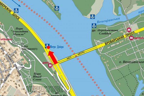 Схема рекламной плоскости по адресу Набережное шоссе, ст. м. "Днепр", в сторону Подола