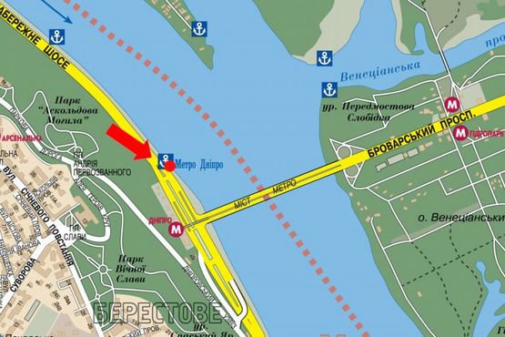 Схема рекламной плоскости по адресу Набережное шоссе, ст. м. "Днепр", в сторону ст. м. "Днепр"