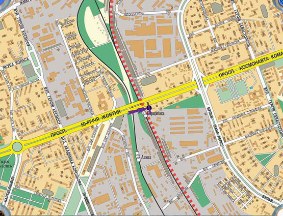 Схема рекламної площини за адресою пр. Комарова,/ пр.50 лет Октября  направ.  в центр